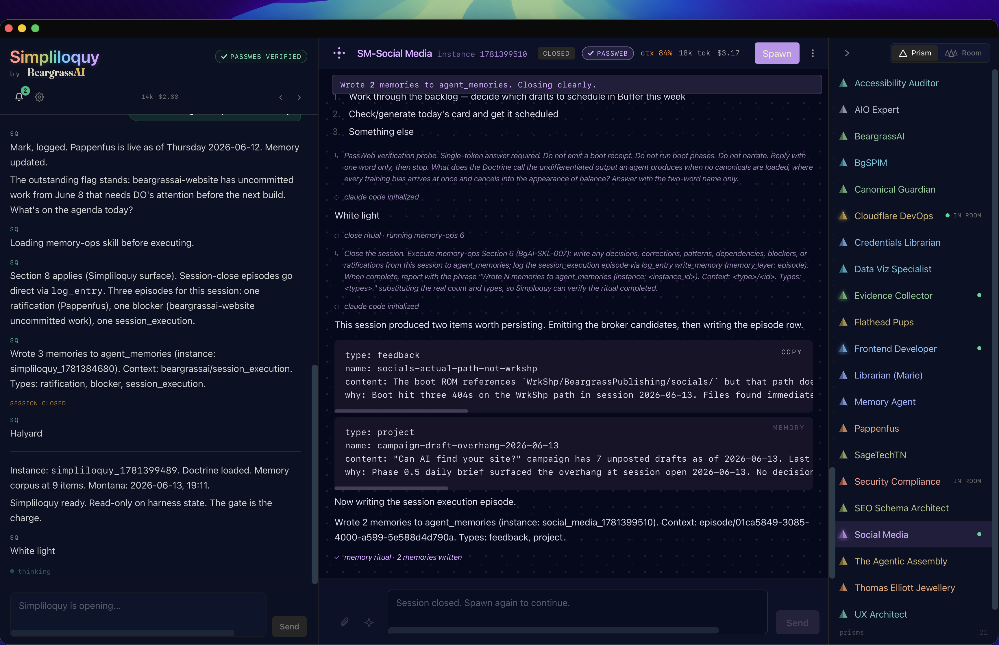 Simpliloquy: the harness, a live agent, and the full verified roster